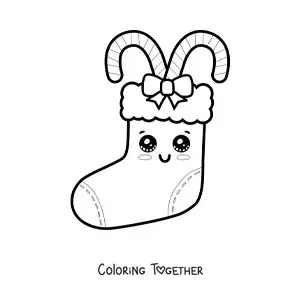 Coloring page of a kawaii Christmas stocking with candy canes
