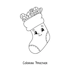 Coloring page of a cartoon Christmas stocking with gifts