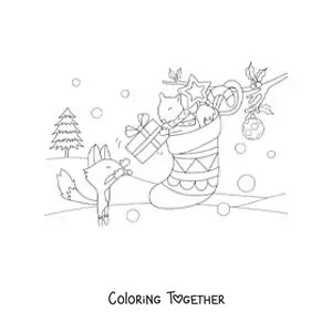 Coloring page of a kawaii squirrel and fox with a Christmas stocking