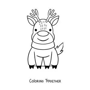 Coloring page of a kawaii Christmas reindeer sitting down