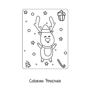 Coloring page of an animated Christmas reindeer with a hat