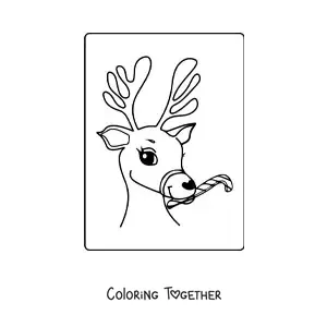 Coloring page of a Christmas deer with a candy cane