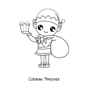 Coloring page of a Christmas elf with a sack of gifts