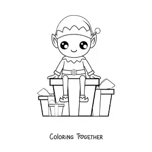 Coloring page of a Christmas elf with gifts