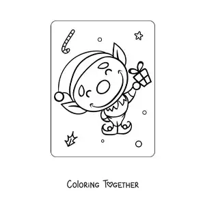Coloring page of an animated Christmas elf with a gift