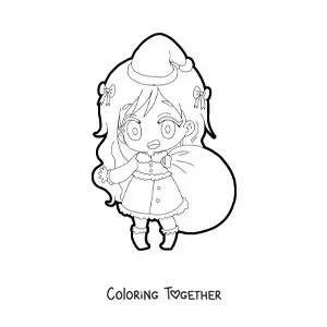 Coloring page of a kawaii girl in Christmas clothes with a sack of gifts, anime style