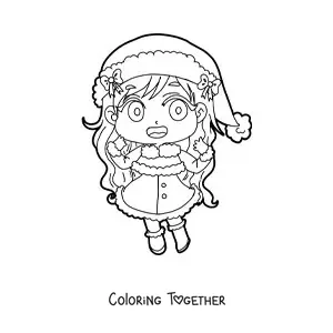 Coloring page of a kawaii girl in a Christmas dress, anime style