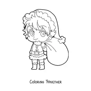 Coloring page of a kawaii boy in Christmas clothes with a sack of gifts, anime style