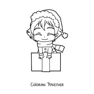 Coloring page of a kawaii girl with a Christmas gift, anime style