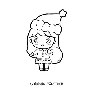 Coloring page of a kawaii girl with a Christmas hat and a sack of gifts