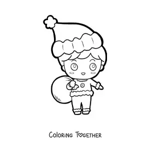 Coloring page of a kawaii boy with a Christmas hat and a sack of gifts