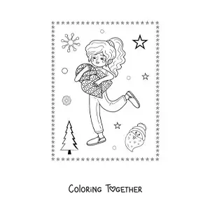 Coloring page of a girl with toys at Christmas