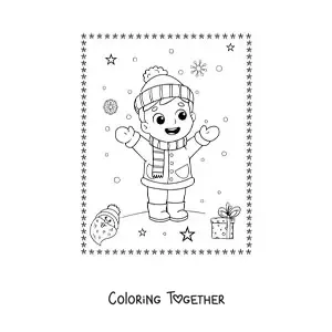 Coloring page of a boy playing in the snow at Christmas