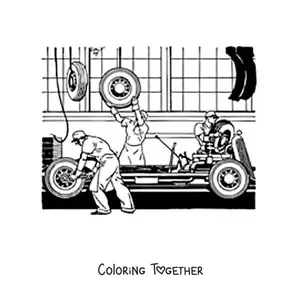 Coloring page of men assembling a car in a factory