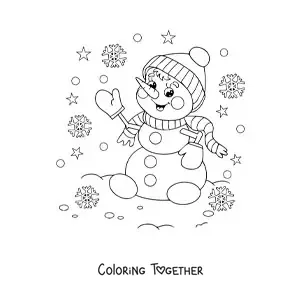 Coloring page of an animated snowman with a scarf and snowflakes