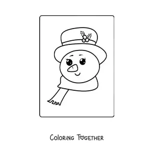 Coloring page of a kawaii snowman face with a hat and scarf