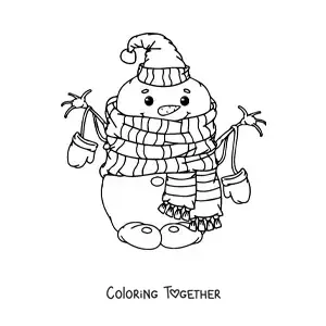 Coloring page of a funny snowman with a scarf
