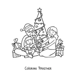 Coloring page of a family together at Christmas by the tree