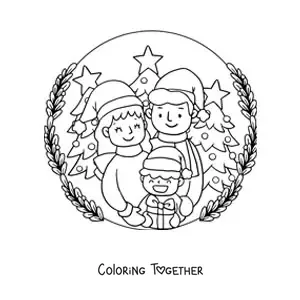 Coloring page of a family of 3 in the snow at Christmas