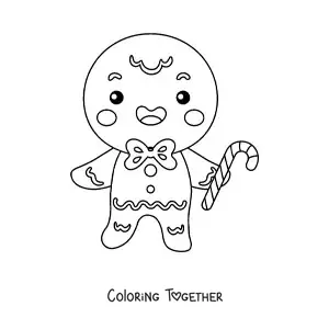 Coloring page of a kawaii gingerbread man with a candy cane