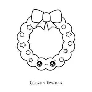 Coloring page of a kawaii Christmas wreath