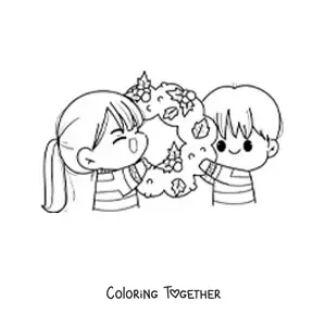 Coloring page of a kawaii couple with a Christmas wreath