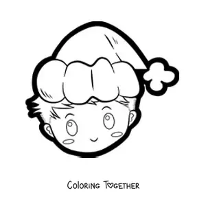 Coloring page of a kawaii boy with a Christmas hat