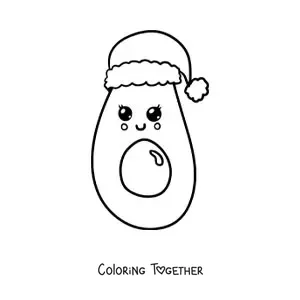 Coloring page of a kawaii avocado with a Christmas hat