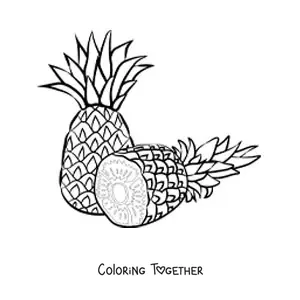 Coloring page of a pineapple and another pineapple cut in half