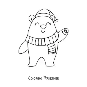 Coloring page of a Christmas bear with a scarf and hat