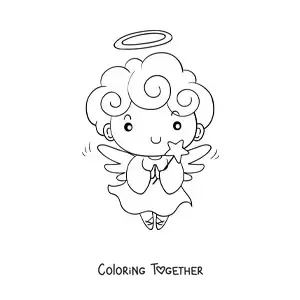 Coloring page of a little Christmas angel with a star