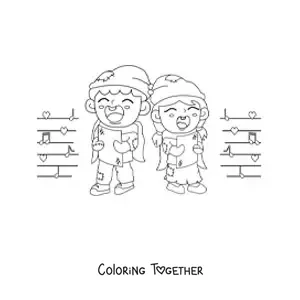 Coloring page of poor children singing Christmas carols