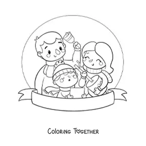 Coloring page of a boy with his family singing carols to baby Jesus