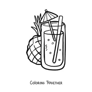 Coloring page of a pineapple juice with an umbrella and a pineapple in the background