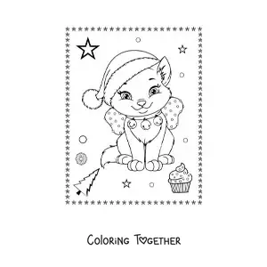 Coloring page of a kawaii Christmas cat with a bow