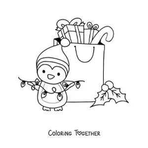 Coloring page of a kawaii Christmas penguin with gifts and lights