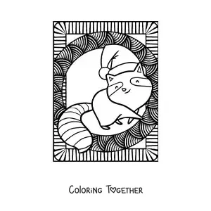 Coloring page of a kawaii Christmas raccoon