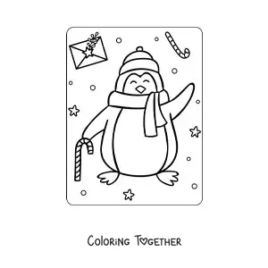 Coloring page of a Christmas penguin with a scarf