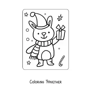Coloring page of a Christmas rabbit with a scarf