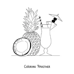 Coloring page of a pina colada with a pineapple beside it and a piece of coconut