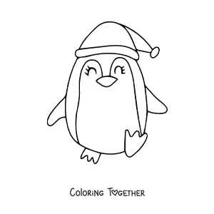 Coloring page of a Christmas penguin walking