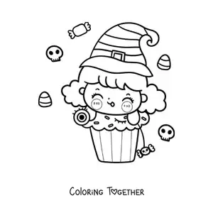Coloring page of a kawaii little witch on a cupcake