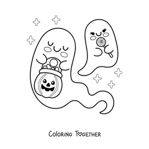 Coloring page of kawaii ghosts with Halloween candy