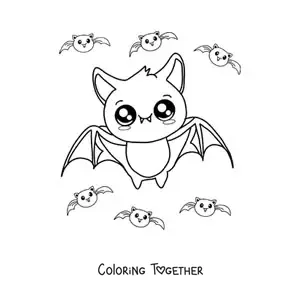 Coloring page of an animated kawaii bat flying