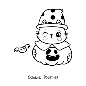 Coloring page of a kawaii kitten with a bat in a Halloween pumpkin