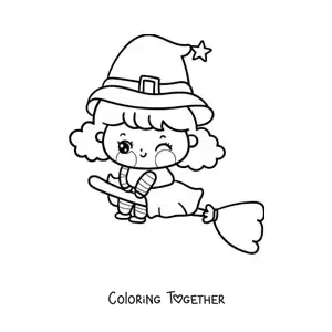 Coloring page of a kawaii little witch flying