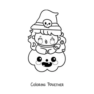 Coloring page of a kawaii little witch on a Halloween pumpkin