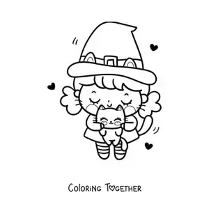 Coloring page of a kawaii little witch with a cute kitten