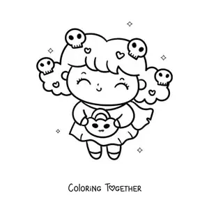 Coloring page of a kawaii girl in costume on Halloween