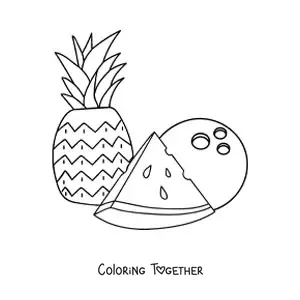 Coloring page of a pineapple with a piece of watermelon and a coconut